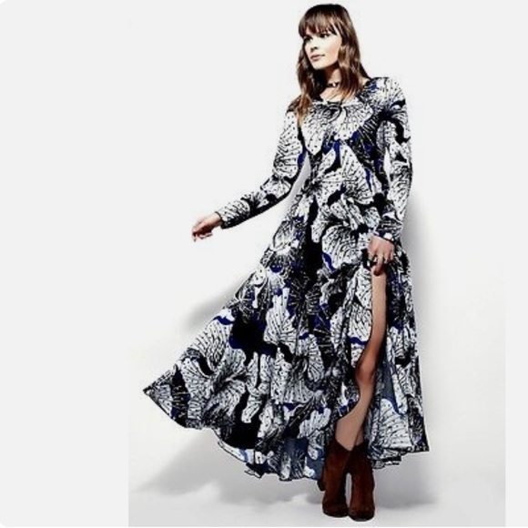 free people first kiss maxi dress Blue Floral Long Sleeve Maxi Dress/free People Boho Festival Long Flowy Dress/small